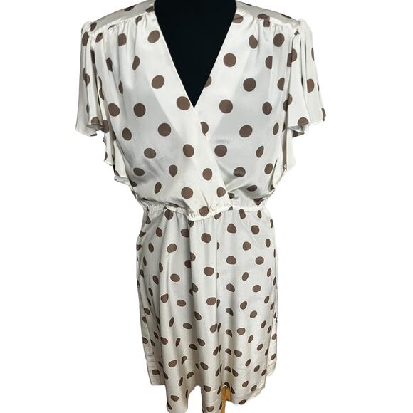 Vintage 90s J J Petite White Tan Polka Dot Sheath Dress 10 Medium Large Ruffles - Picture 1 of 5